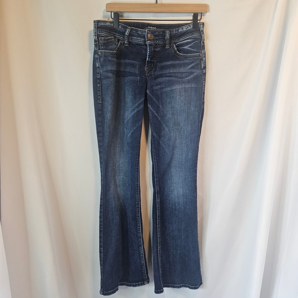 Silver Jeans Suki Bootcut 30x33 Dark Wash Blue Distressed Western Boho Cowgirl
